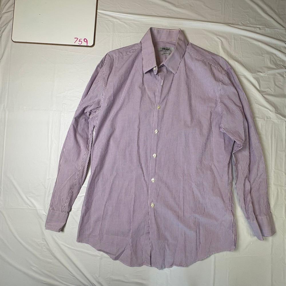 DKNY Mens Slim Fit Dress Shirt 16 32/33 Purple White Micro Stripe Cotton Stretch